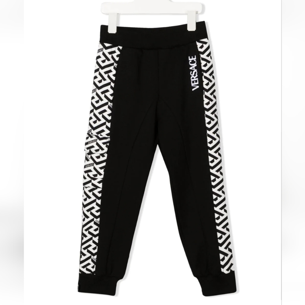 VERSACE KIDS Greca Logo Print Sweat Pants Black pockets